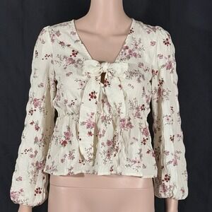 Rose and Grey Cream Floral Tie Front Ruffle V-Neck Blouse Pink Red Small